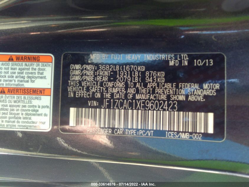 2014 SUBARU BRZ 2.0 LIMITED JF1ZCAC1XE9602423