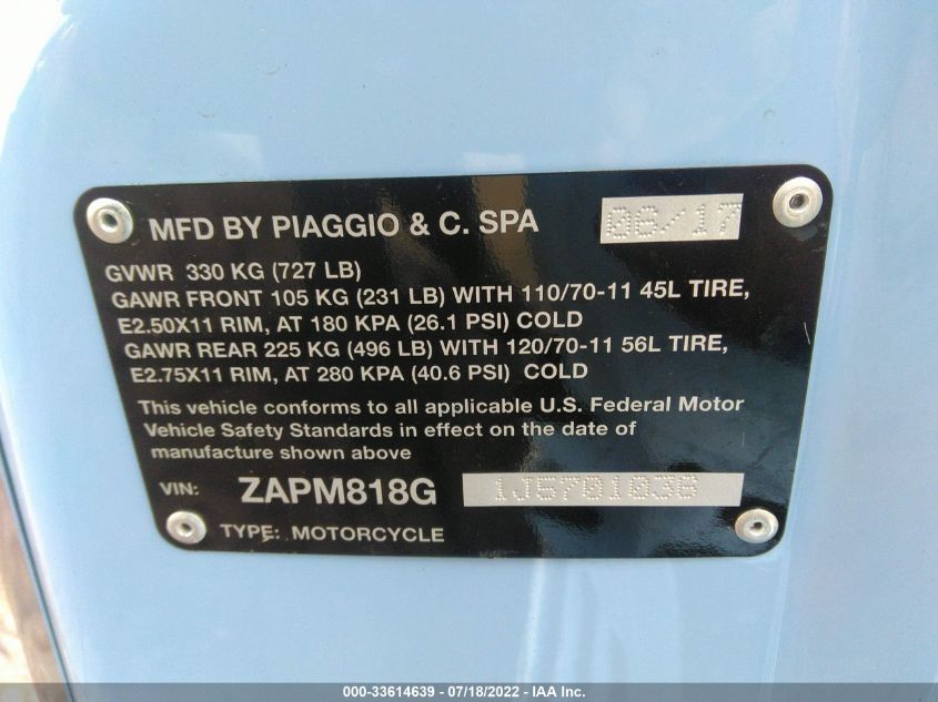 2018 VESPA SPRINT 150 3V ZAPM818G1J5701036