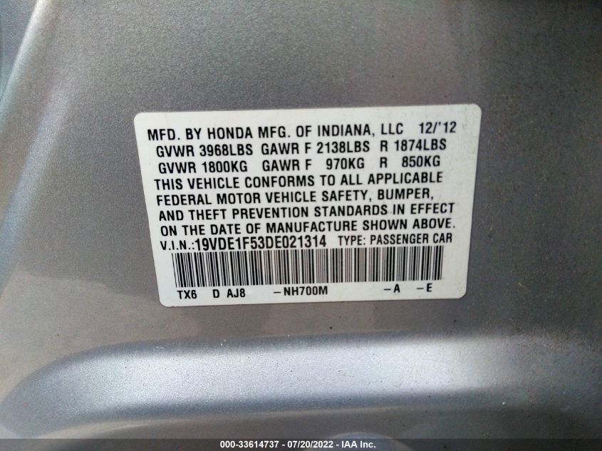 2013 ACURA ILX 20 PREMIUM 19VDE1F53DE021314