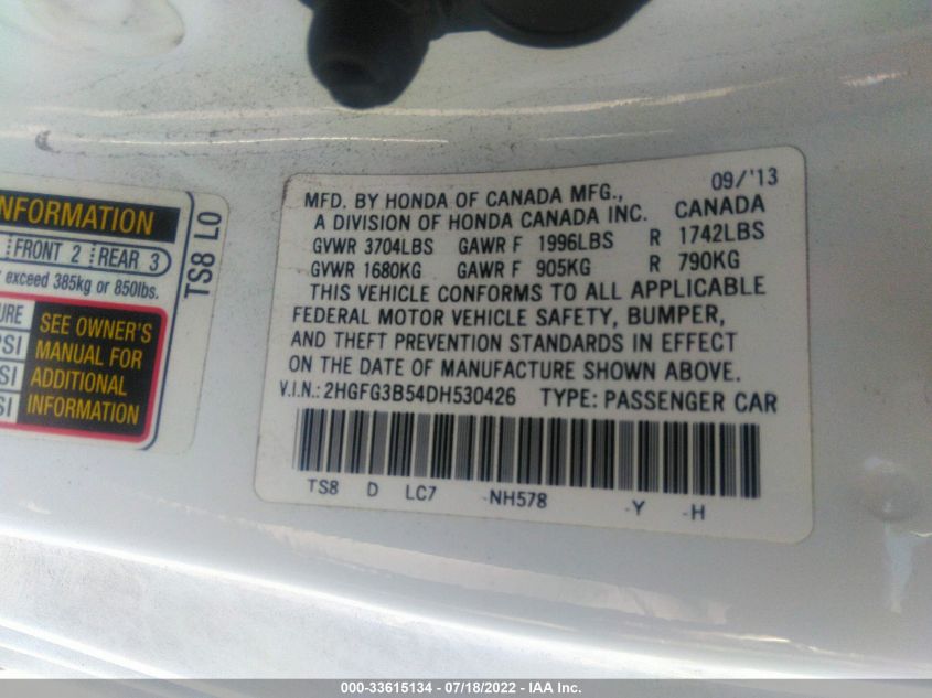 2013 HONDA CIVIC CPE LX 2HGFG3B54DH530426
