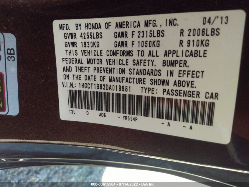 2013 HONDA ACCORD CPE EX-L 1HGCT1B83DA019981