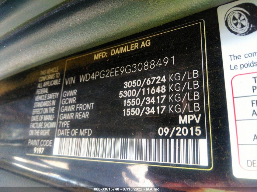 2016 MERCEDES-BENZ METRIS PASSENGER VAN WD4PG2EE9G3088491
