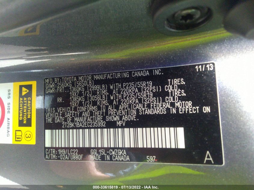 2014 LEXUS RX 350 2T2BK1BA2EC235992