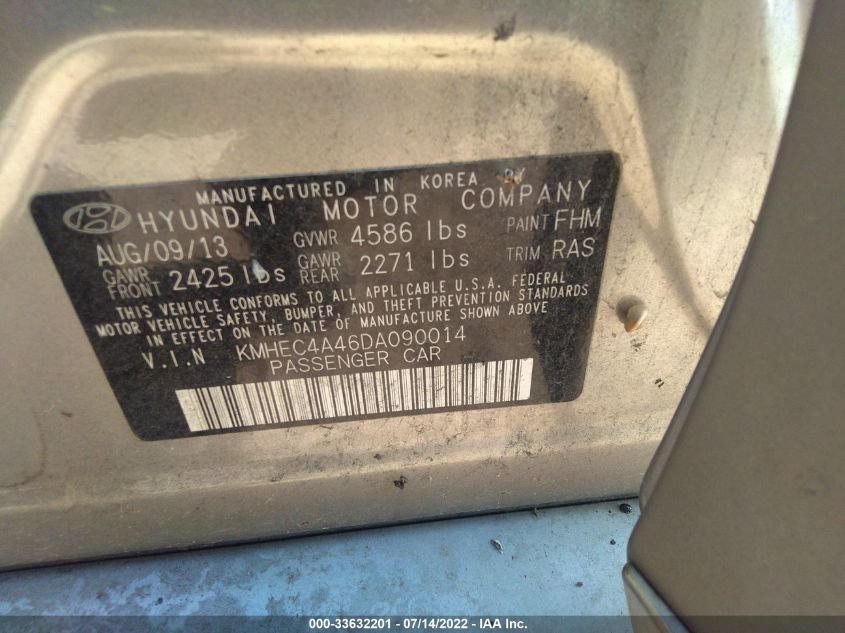 2013 HYUNDAI SONATA HYBRID LIMITED KMHEC4A46DA090014