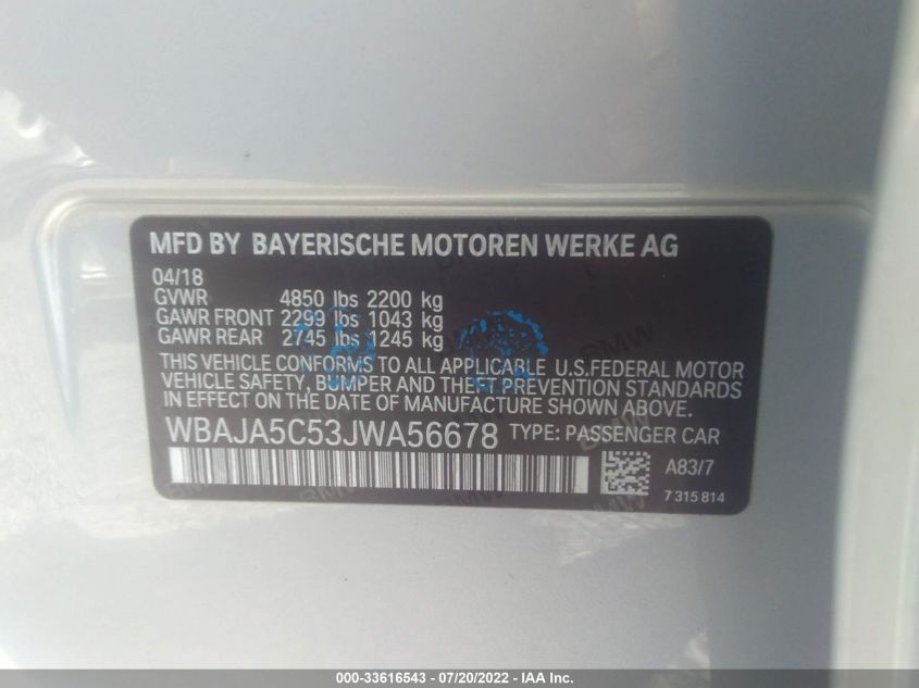 2018 BMW 530 I WBAJA5C53JWA56678