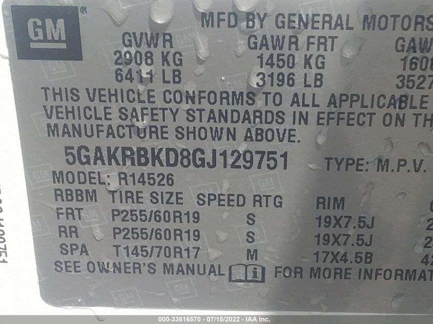 2016 BUICK ENCLAVE 5GAKRBKD8GJ129751