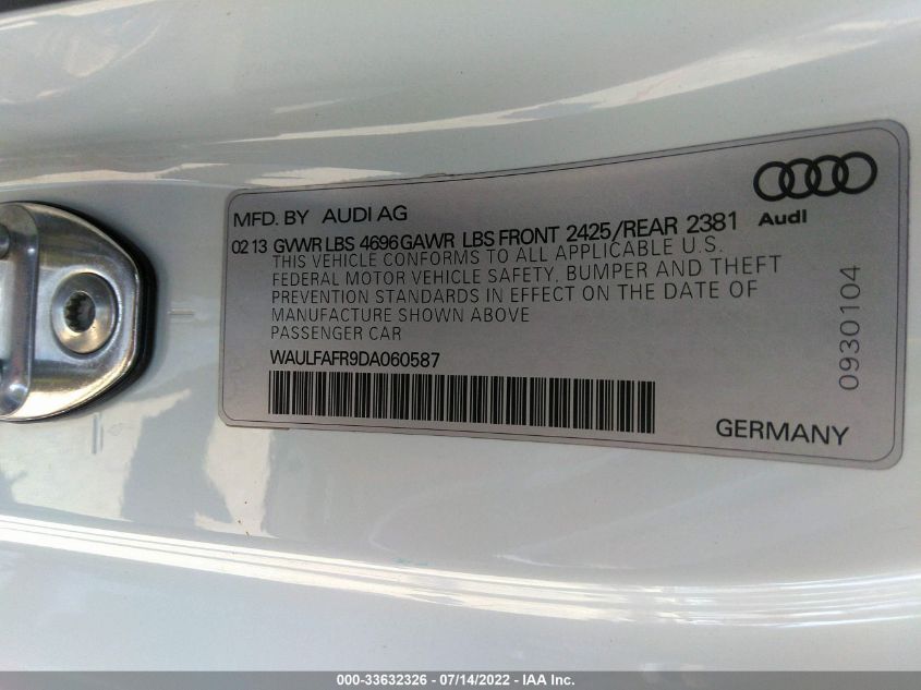2013 AUDI A5 PREMIUM PLUS WAULFAFR9DA060587