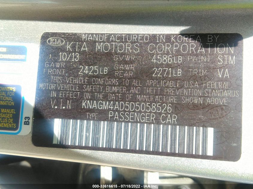 2013 KIA OPTIMA HYBRID LX - KNAGM4AD5D5058526