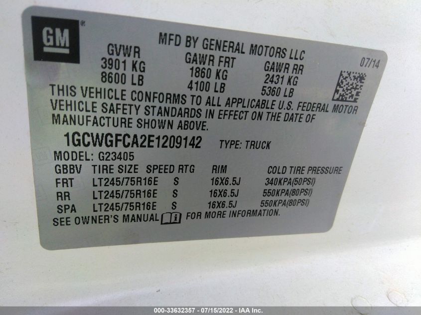 2014 CHEVROLET EXPRESS CARGO VAN 1GCWGFCA2E1209142