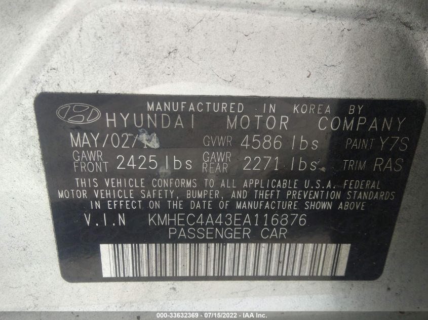 2014 HYUNDAI SONATA HYBRID KMHEC4A43EA116876