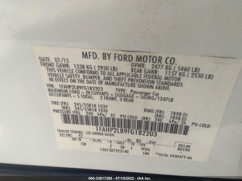 2015 FORD SEDAN POLICE INTERCEPTOR POLICE INTERCEPTOR 1FAHP2L89FG182203