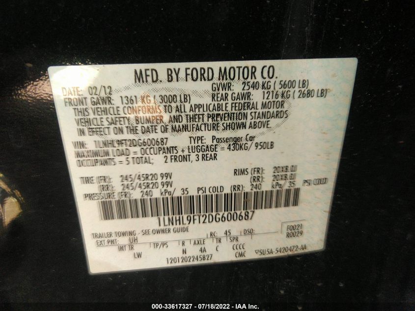 2013 LINCOLN MKS ECOBOOST 1LNHL9FT2DG600687