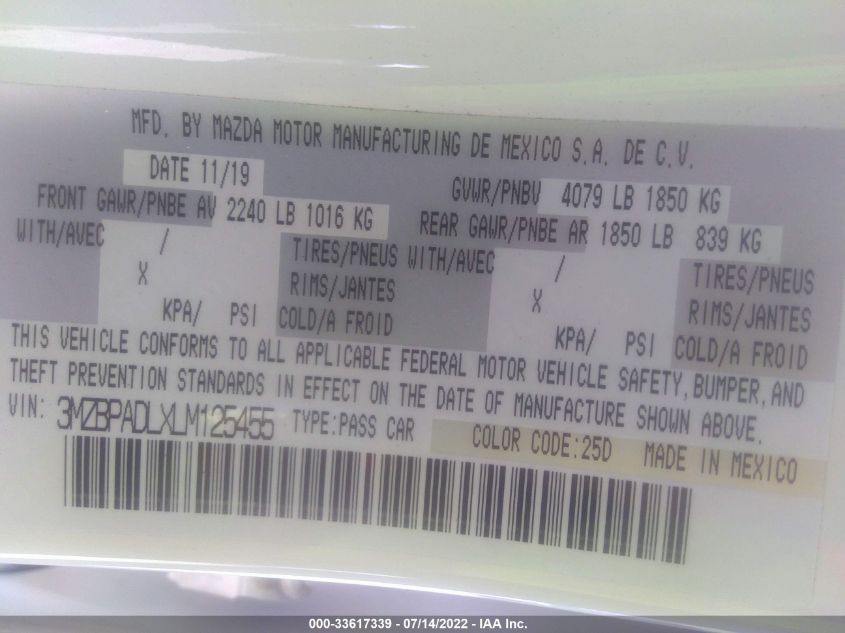 2020 MAZDA MAZDA3 SEDAN PREFERRED PACKAGE 3MZBPADLXLM125455