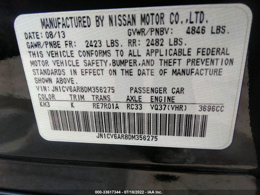 2013 INFINITI G37 SEDAN X JN1CV6AR8DM356275