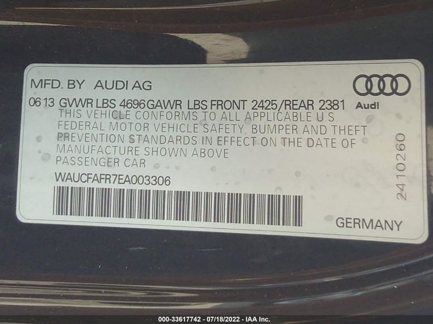 2014 AUDI A5 PREMIUM WAUCFAFR7EA003306
