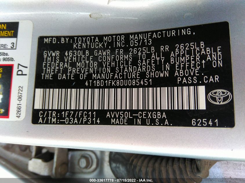 2013 TOYOTA CAMRY HYBRID HYBRID/LE/XLE 4T1BD1FK8DU085451
