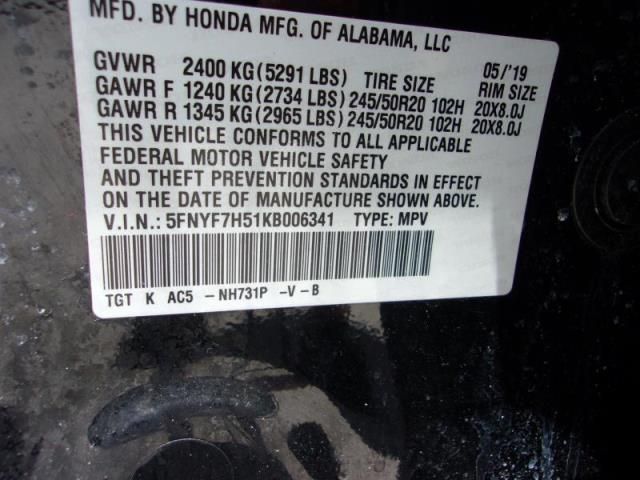 2019 HONDA PASSPORT EXL 5FNYF7H51KB006341