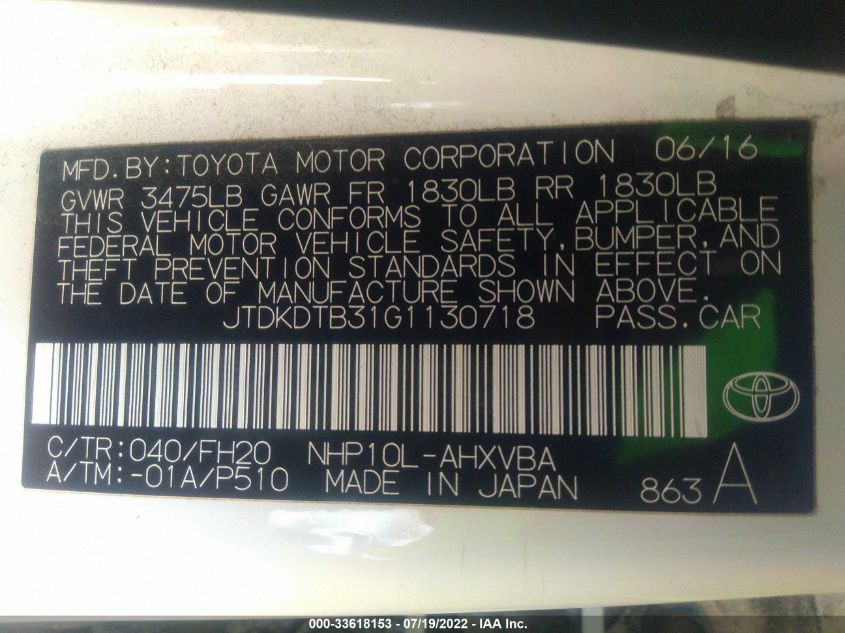 2016 TOYOTA PRIUS C ONE/TWO/THREE/FOUR JTDKDTB31G1130718