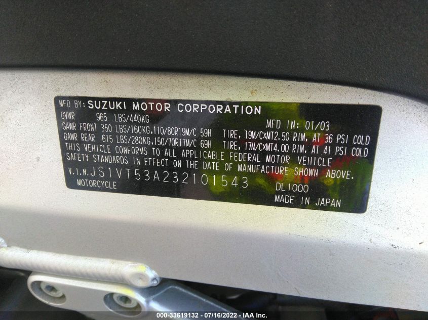 2003 SUZUKI DL1000 JS1VT53A232101543