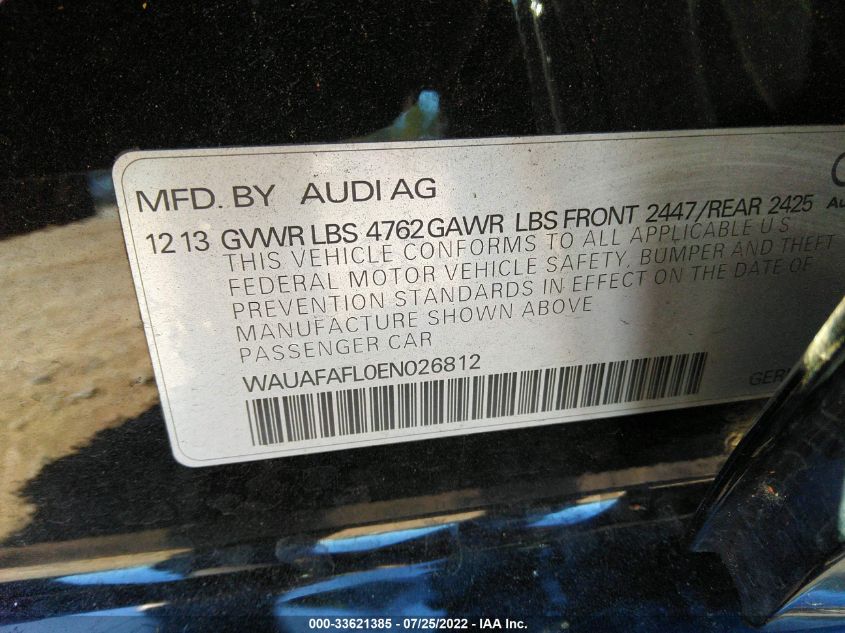 2014 AUDI A4 PREMIUM WAUAFAFL0EN026812
