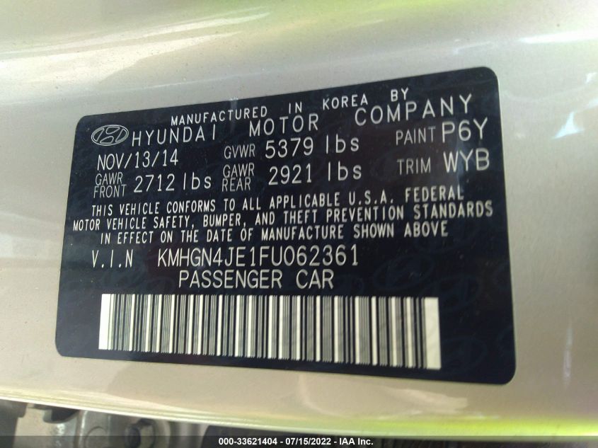 2015 HYUNDAI GENESIS 3.8L KMHGN4JE1FU062361