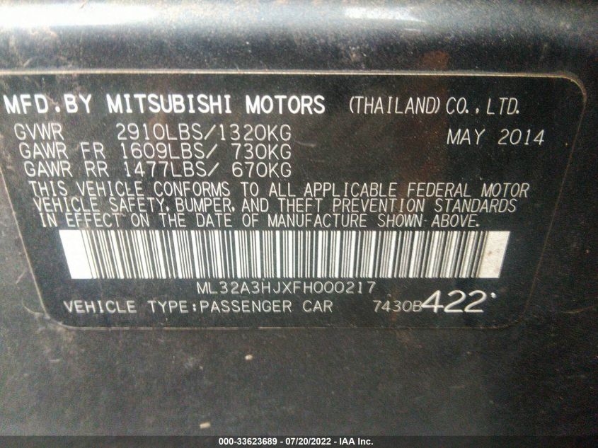 2015 MITSUBISHI MIRAGE DE/RF ML32A3HJXFH000217