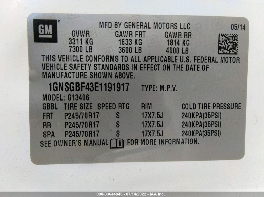 2014 CHEVROLET EXPRESS PASSENGER LS 1GNSGBF43E1191917