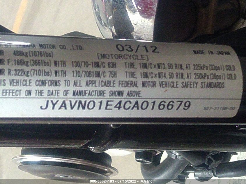 2012 YAMAHA XVS950 A/CT JYAVN01E4CA016679