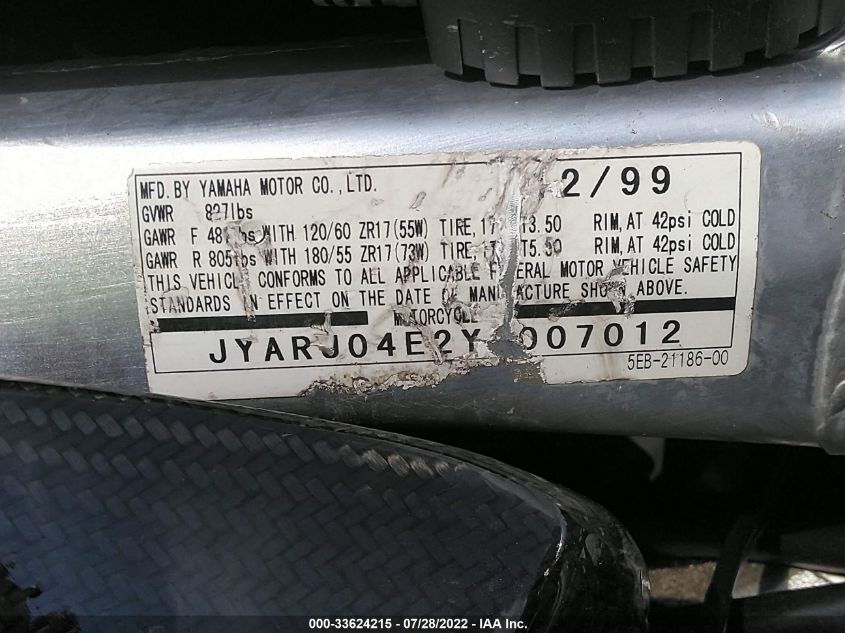 2000 YAMAHA YZFR6 L JYARJ04E2YA007012