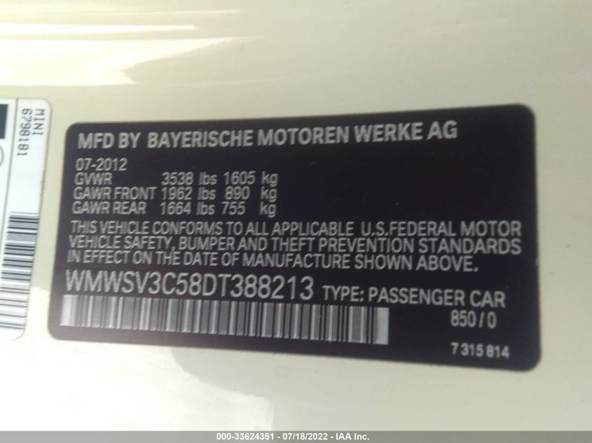 2013 MINI COOPER HARDTOP S WMWSV3C58DT388213