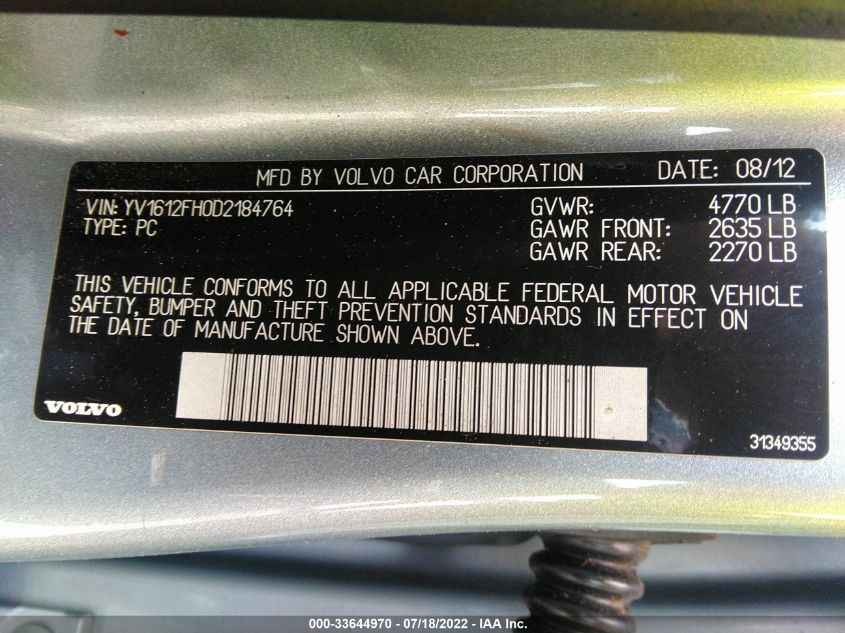 2013 VOLVO S60 T5 YV1612FH0D2184764