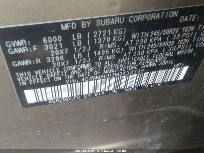 2021 SUBARU ASCENT PREMIUM 4S4WMAHD7M3433309
