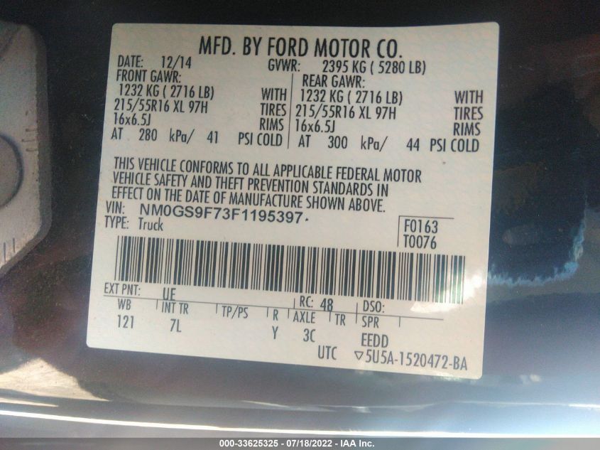 2015 FORD TRANSIT CONNECT WAGON XLT NM0GS9F73F1195397