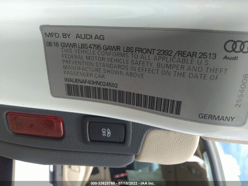 2017 AUDI A4 PREMIUM PLUS WAUENAF40HN024592