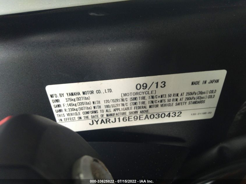 2014 YAMAHA YZFR6 JYARJ16E9EA030432