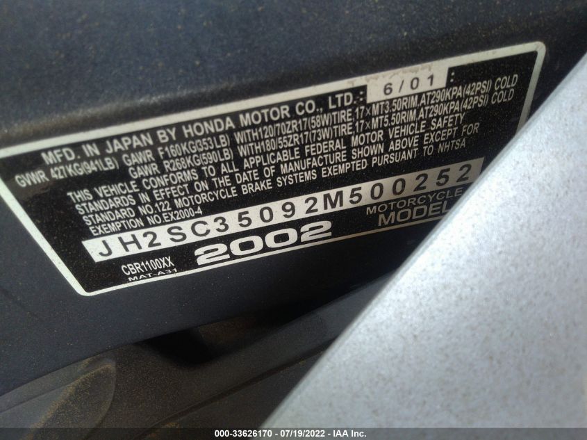 2002 HONDA CBR1100 XX JH2SC35092M500252