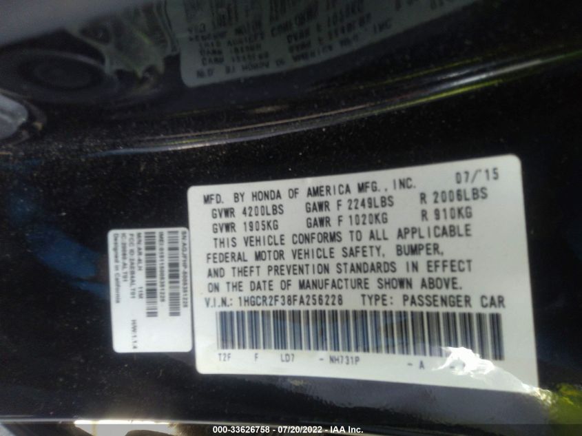 2015 HONDA ACCORD LX 1HGCR2F38FA256228
