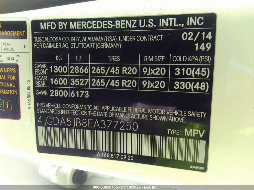 2014 MERCEDES-BENZ M-CLASS ML 350 4JGDA5JB8EA377250