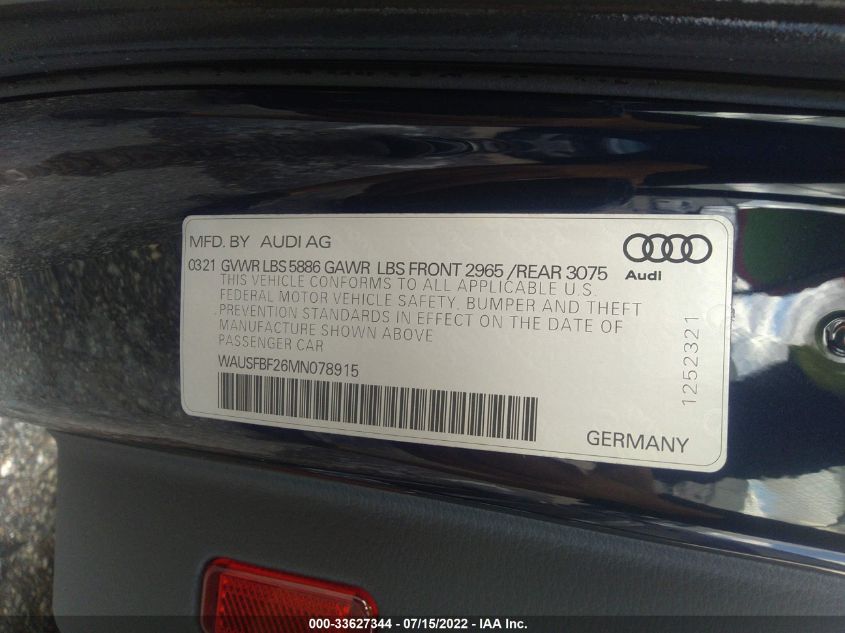 2021 AUDI S7 PRESTIGE WAUSFBF26MN078915