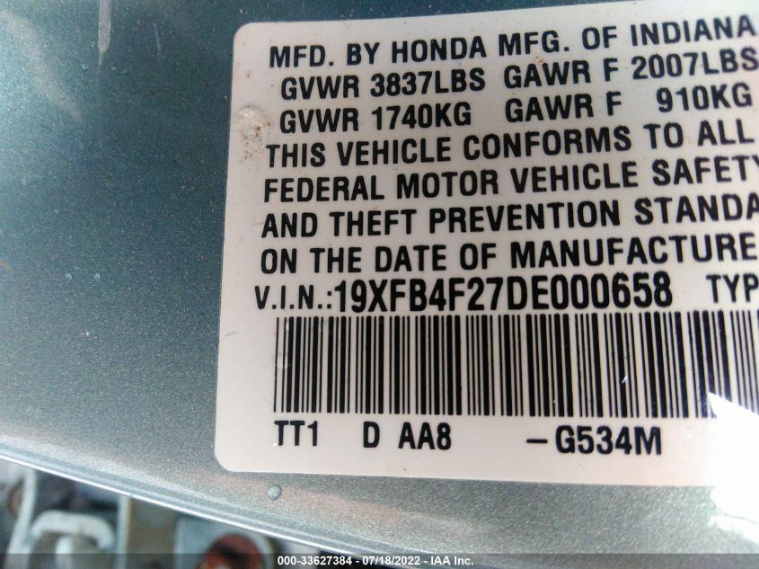 2013 HONDA CIVIC HYBRID 19XFB4F27DE000658
