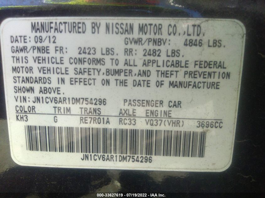 2013 INFINITI G37 SEDAN X JN1CV6AR1DM754296