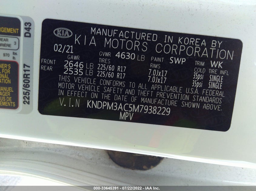 2021 KIA SPORTAGE VIN: KNDPM3AC5M7938229