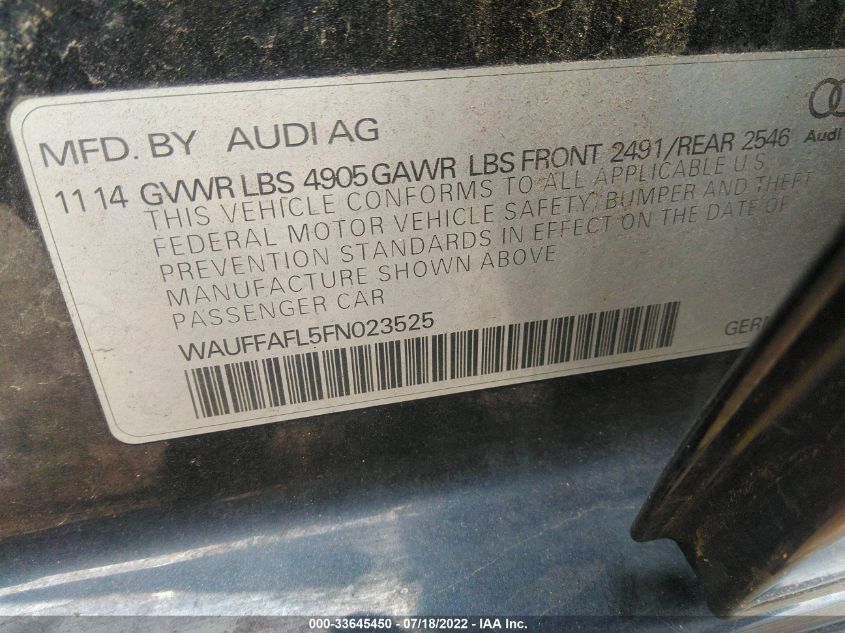 2015 AUDI A4 PREMIUM PLUS WAUFFAFL5FN023525