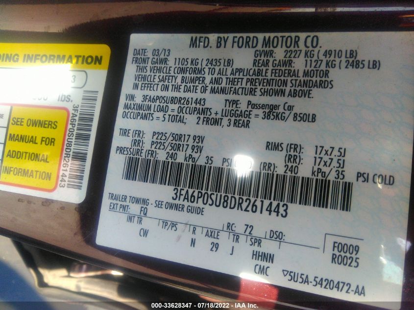 2013 FORD FUSION ENERGI TITANIUM 3FA6P0SU8DR261443