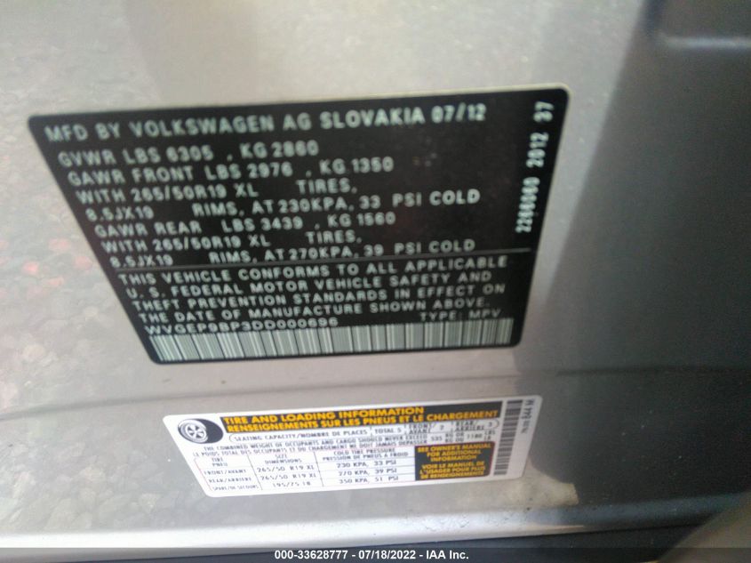 2013 VOLKSWAGEN TOUAREG LUX WVGEP9BP3DD000696