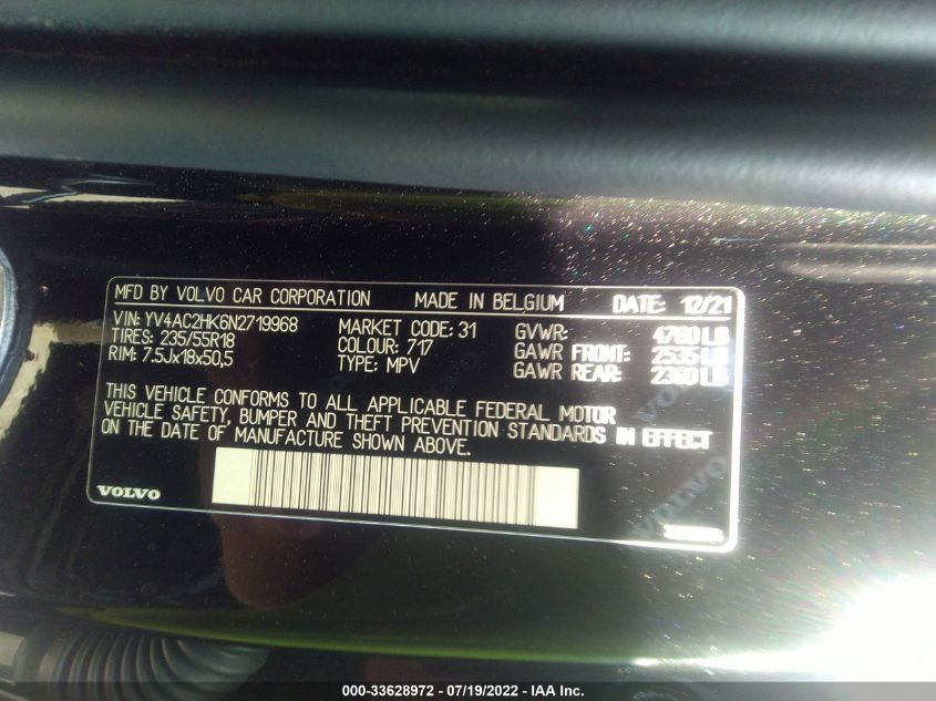 2022 VOLVO XC40 MOMENTUM YV4AC2HK6N2719968