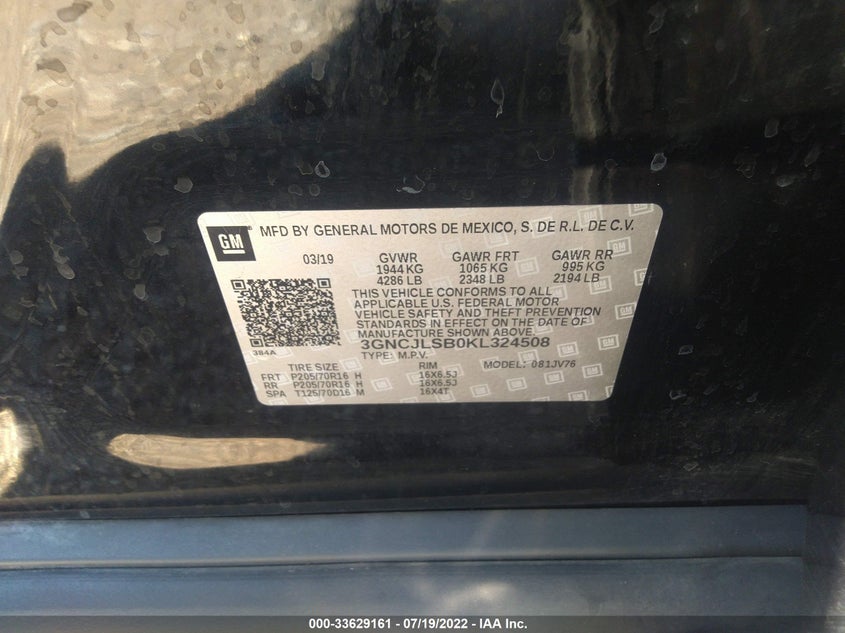 VIN 3GNCJLSB0KL324508 2019 CHEVROLET TRAX LT