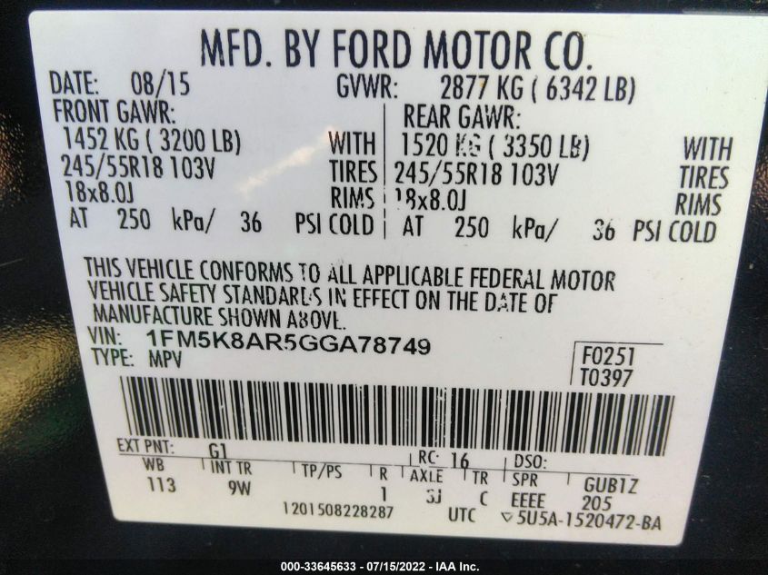 2016 FORD UTILITY POLICE 1FM5K8AR5GGA78749