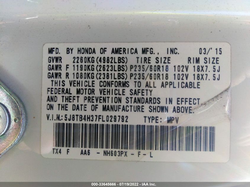 2015 ACURA RDX 5J8TB4H37FL029792