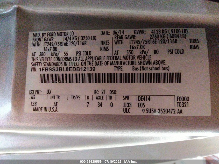 2014 FORD ECONOLINE WAGON E350 SUPER DUTY WAGON 1FBSS3BL8EDB12139